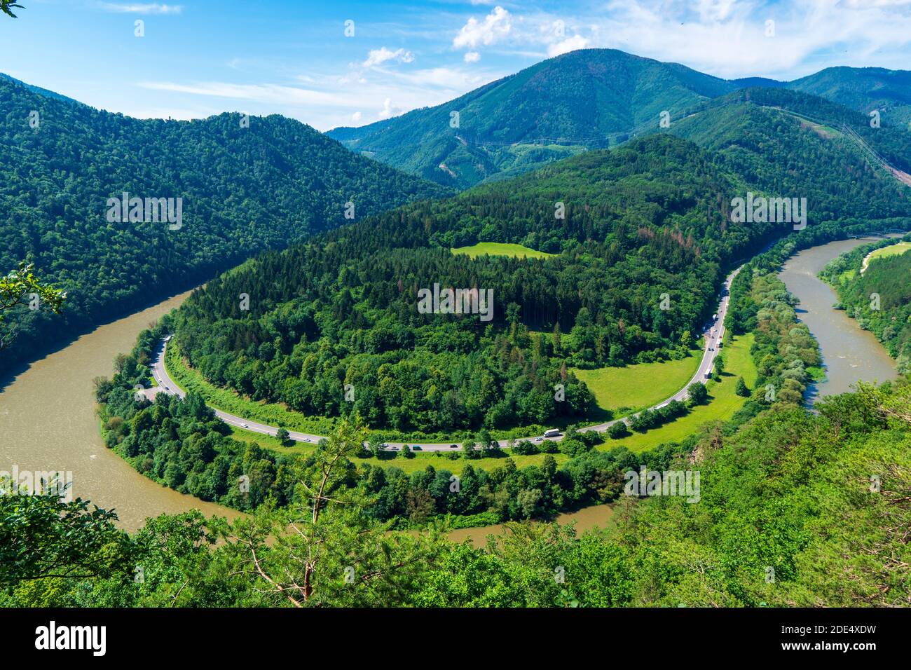 Meander of the river Váh, Slovakia. This meander is very similar to the canyon of the Colorado River in the United States. Stock Photo