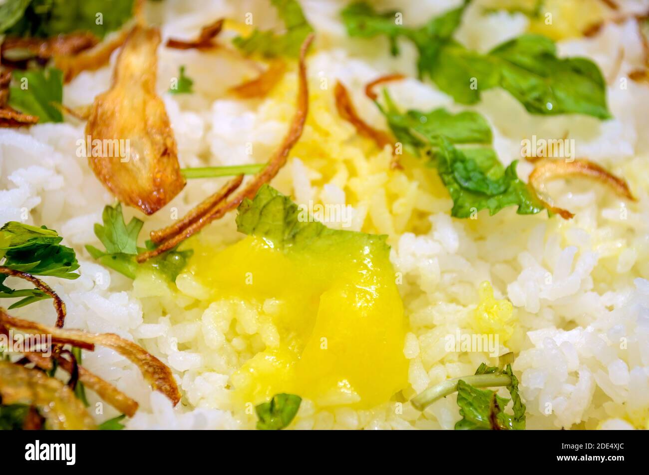 Ghee spread on Kerala Special Biryani. Background. Macro shot closeup Stock Photo