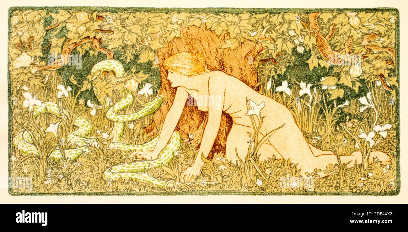 Eve and the Serpent, Chromoxylograph by John D Batten from 1896 The Studio an Illustrated Magazine of Fine and Applied Art, printed from six wooden an Stock Photo