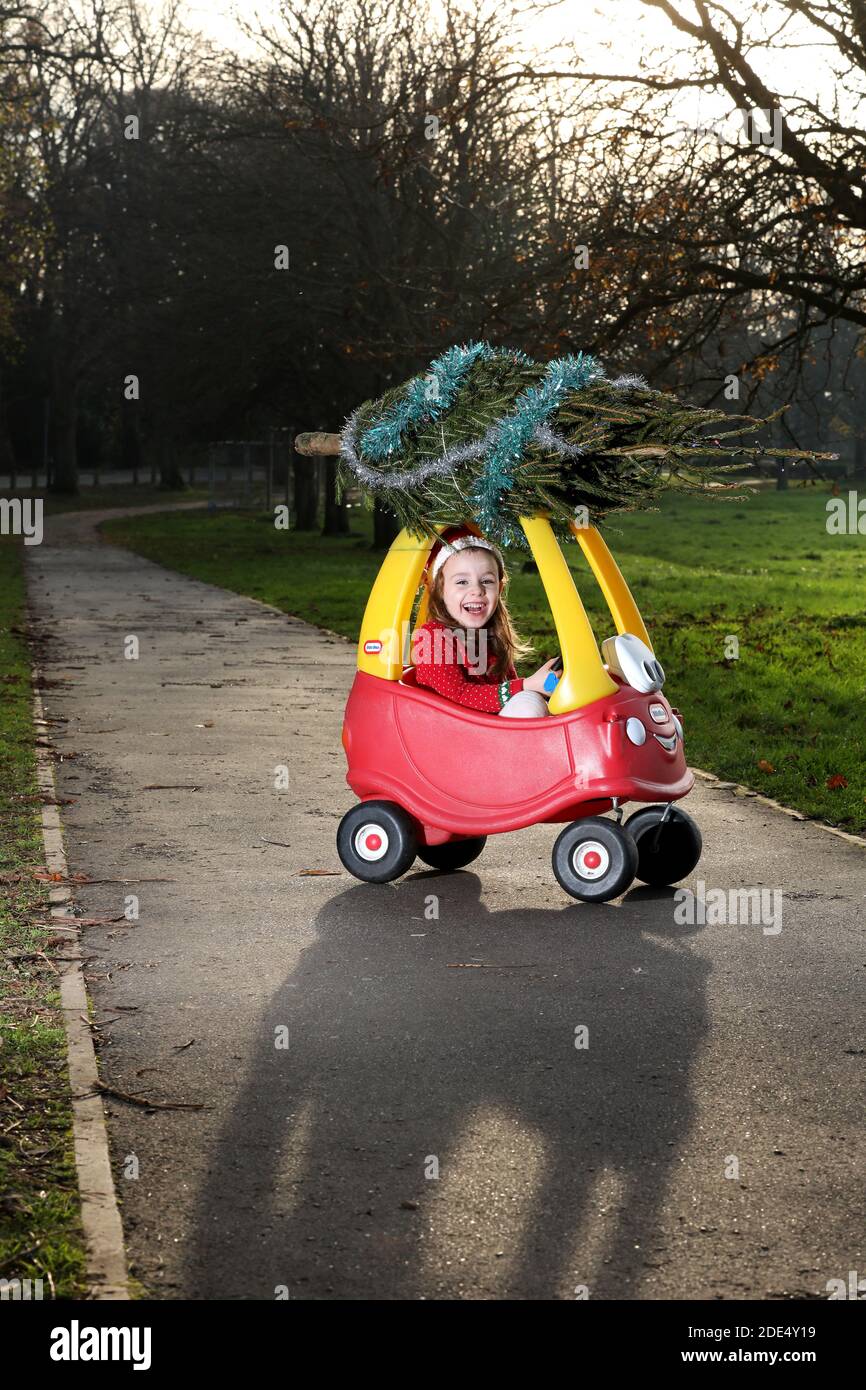 Cute five-year-old girl, Florence, pictured dressed as a Christmas Elf and delivering a small Christmas tree on her classic red Little Tikes car, UK. Stock Photo
