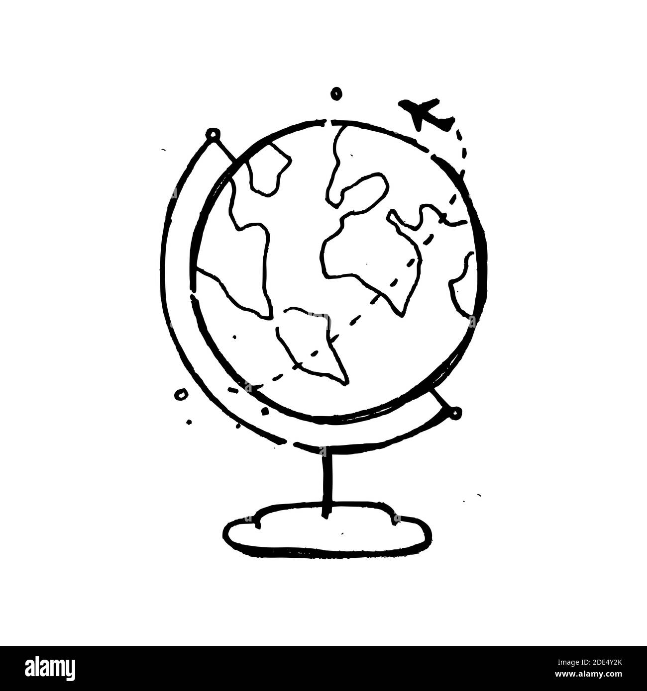 Coloring Page for Kid of Globe and Plane Hand Drawn suitable for coloring book illustration Stock Vector