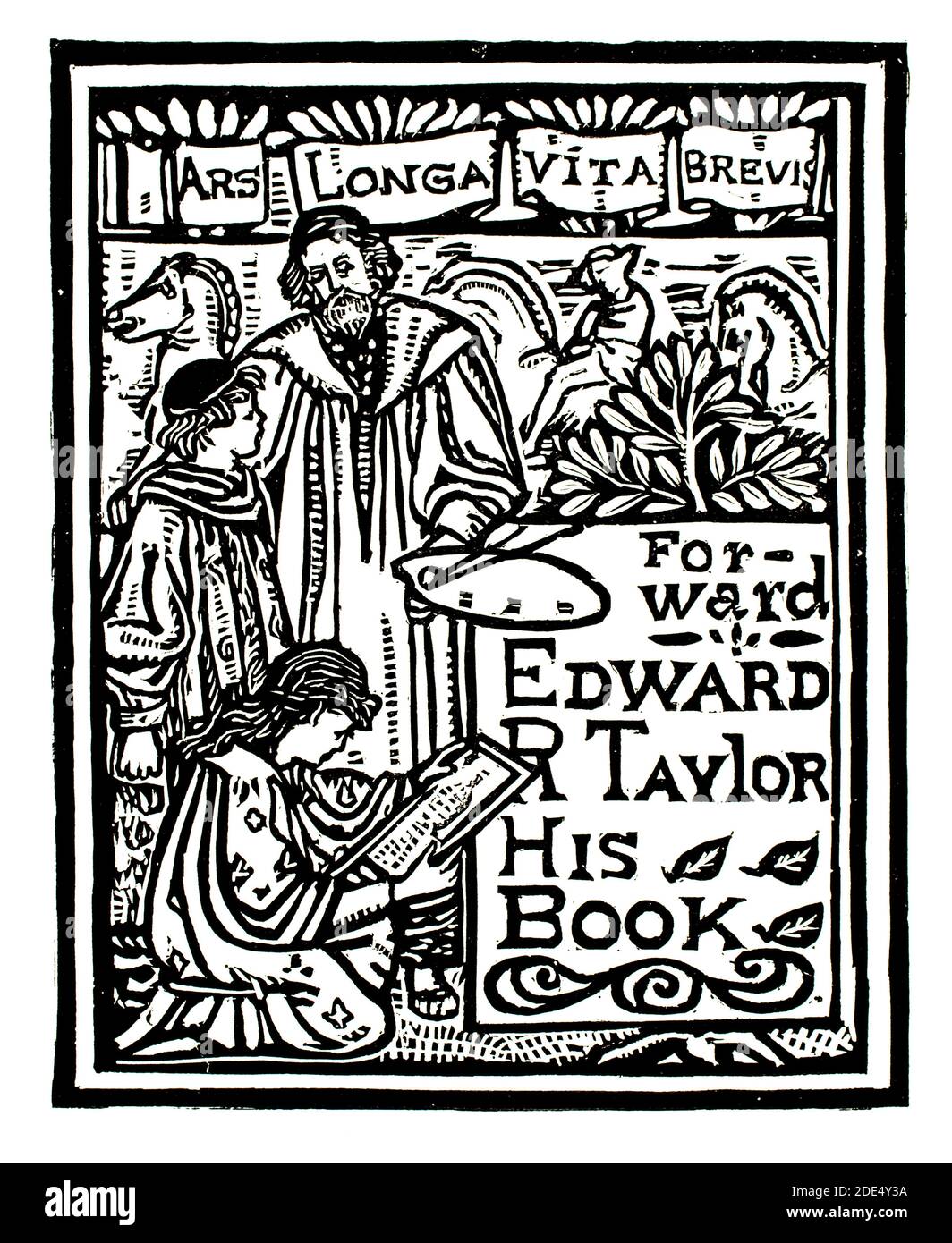 Bookplate design for Edward R Taylor – his book, line illustration by Celia Levetus from 1896 The Studio an Illustrated Magazine of Fine & Applied Art Stock Photo