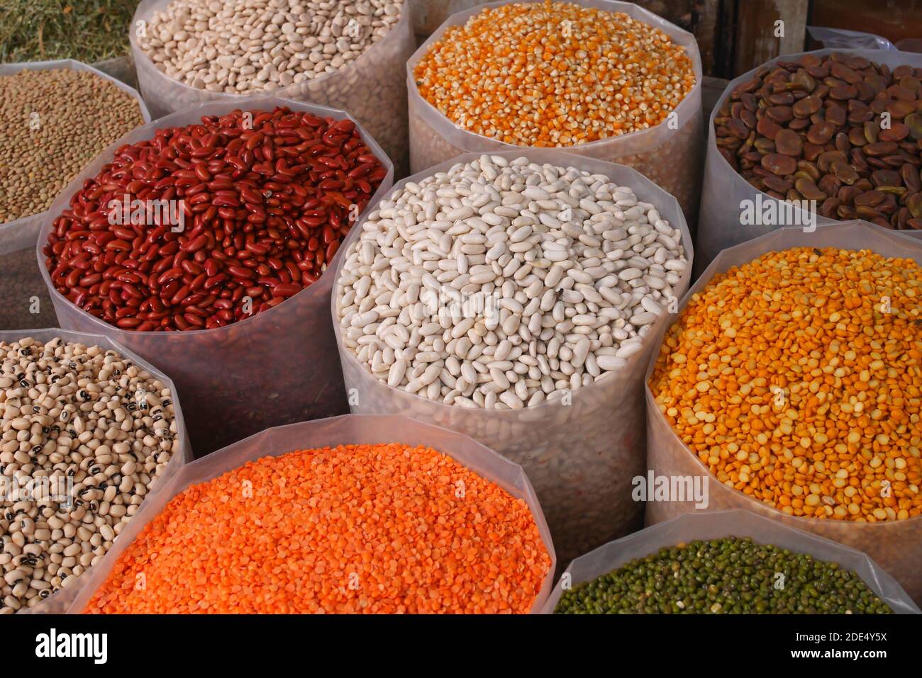 Bags of pulses, beans, lentils for sale, Manama souk, Kingdom of Bahrain Stock Photo