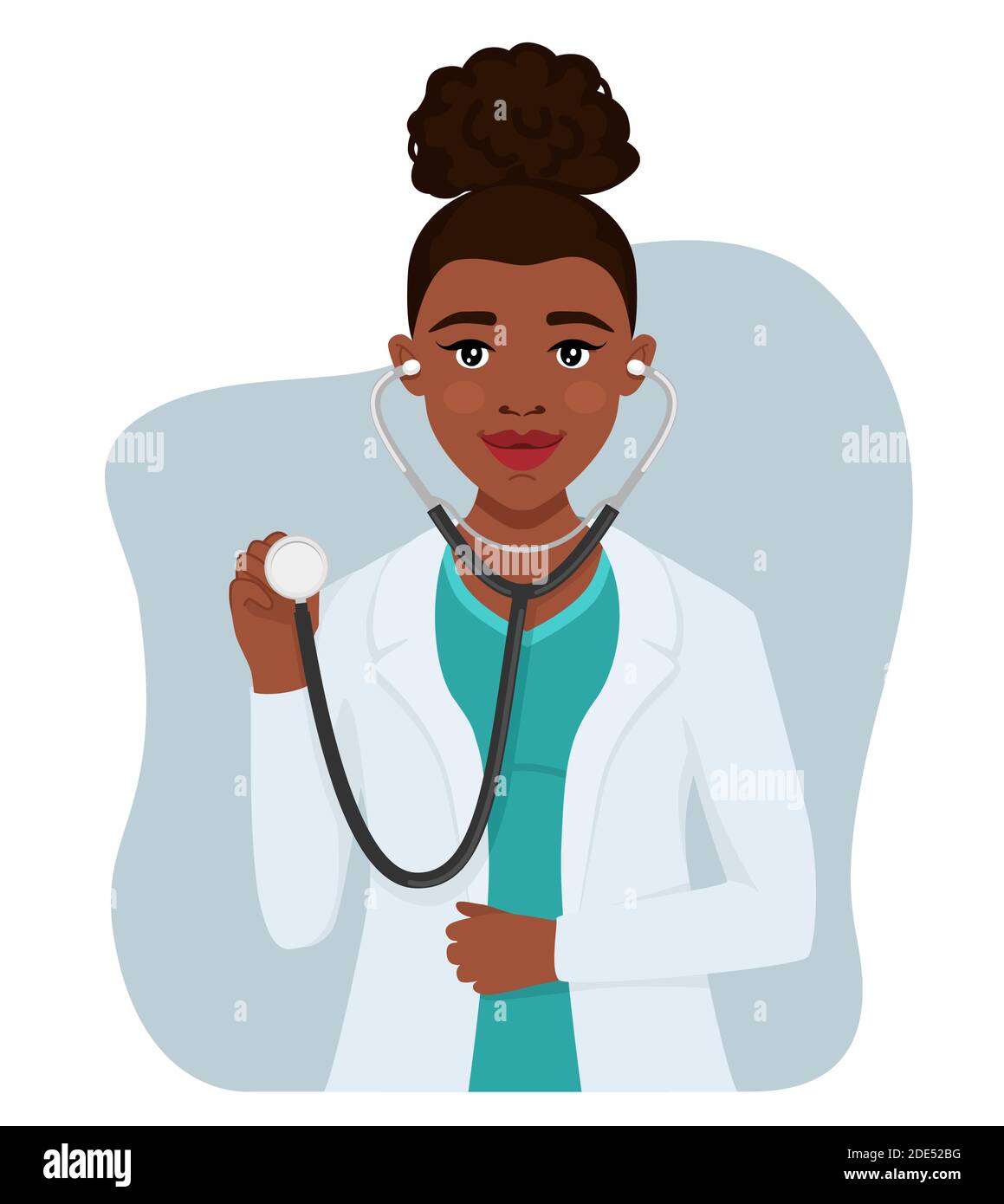 Black doctors character woman with stethoscope. Medical staff, doctor, therapist, professional hospital staff. Vector illustration. Stock Vector