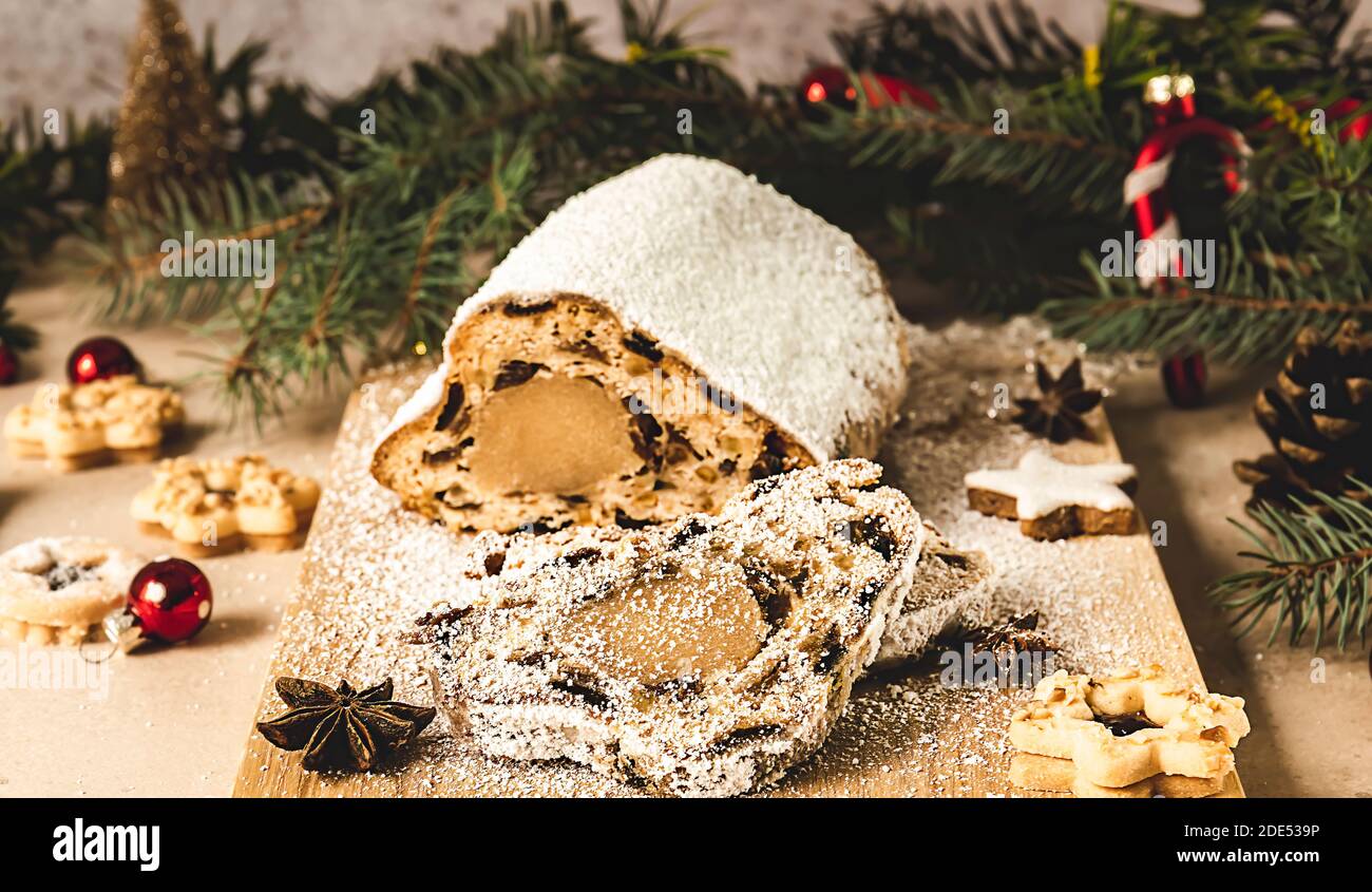 Traditional German Christmas cake - Marzipan Stollen, cookies, and