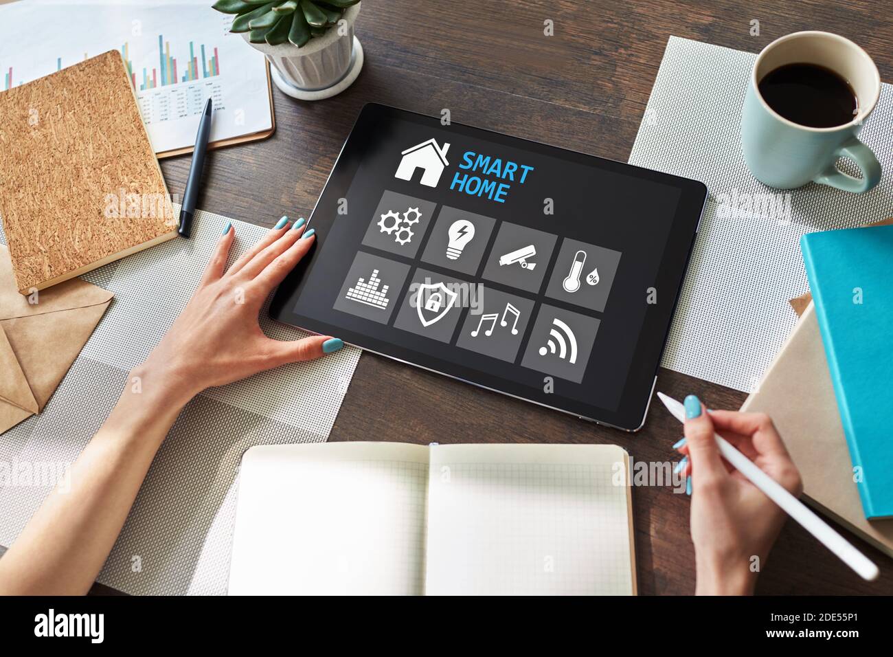 Smart home concept, control panel software on device screen Stock Photo