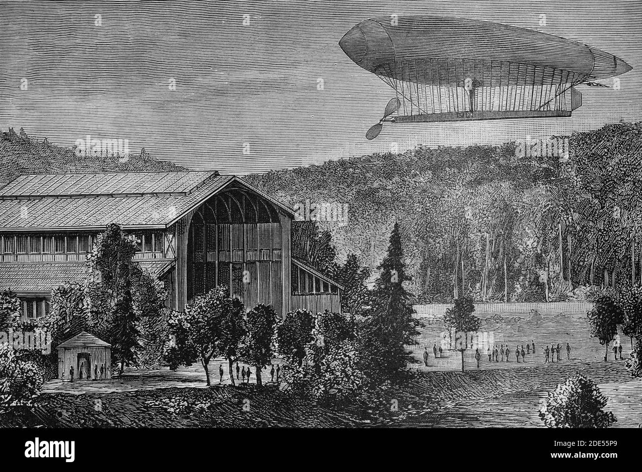 Electric airship balloon by Renard and Krebs, French inventors, tested over Meudon, France on August 9th, 1884. Antique illustration. 1884. Stock Photo