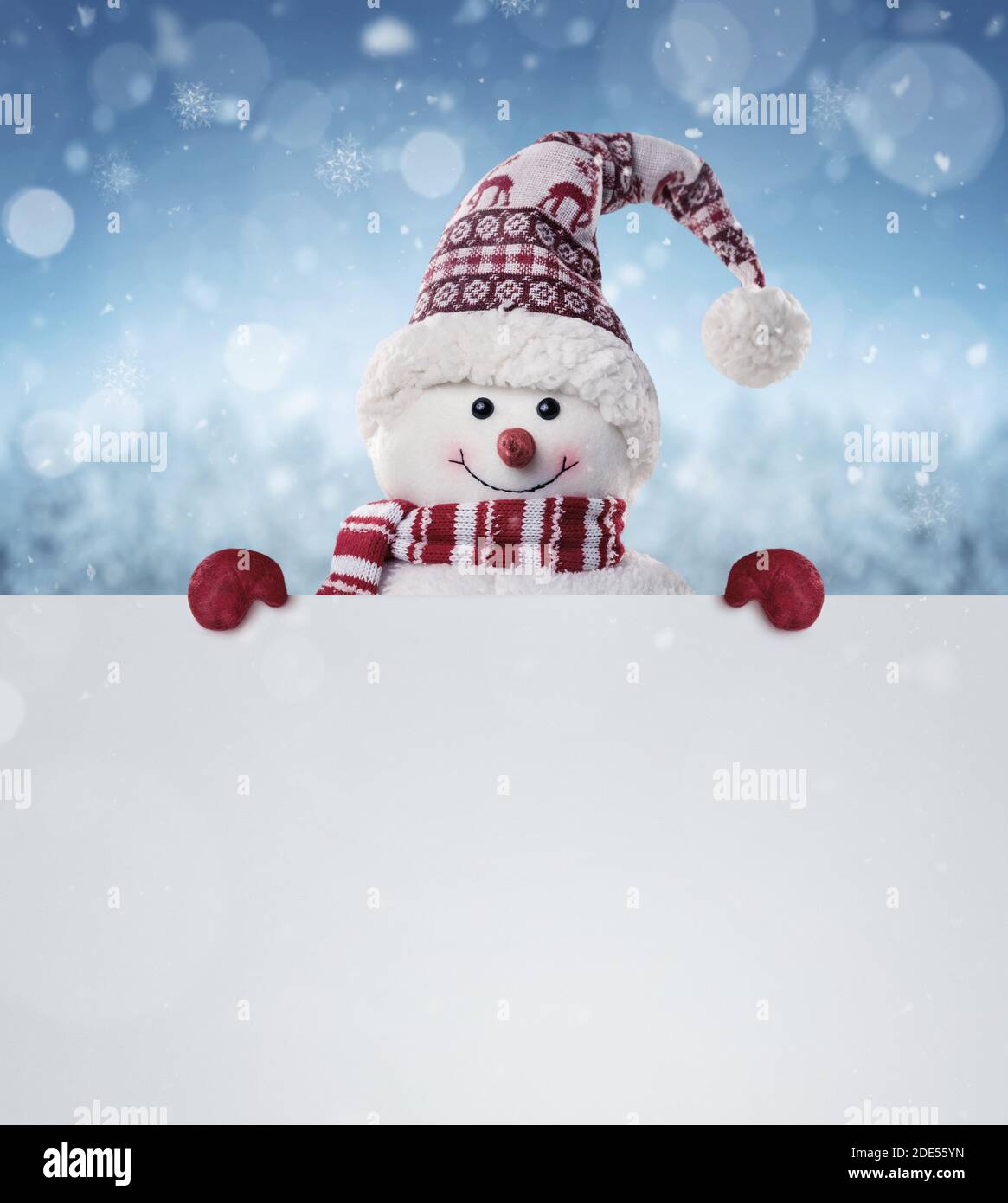 Happy snowman in the winter scenery behind the blank advertising banner with copy space Stock Photo