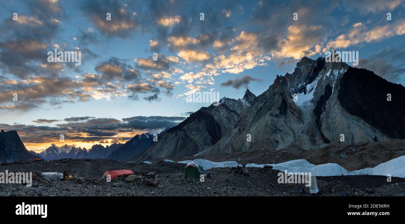 Sunset over Crystal and Marble peaks from Concordia campsite, K2 base camp trek, Karakoram, Pakistan Stock Photo