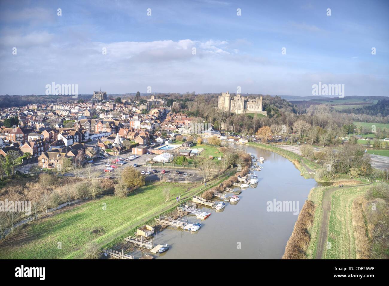 Aerial photo of the historic town of Arundel with the castle and cathedral in view. Stock Photo