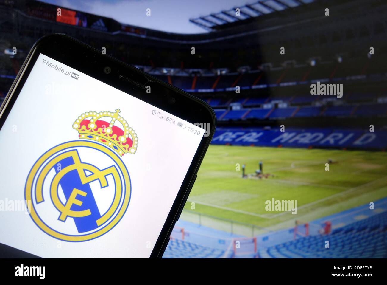 KONSKIE, POLAND - January 11, 2020: Real Madrid CF logo displayed on mobile phone Stock Photo