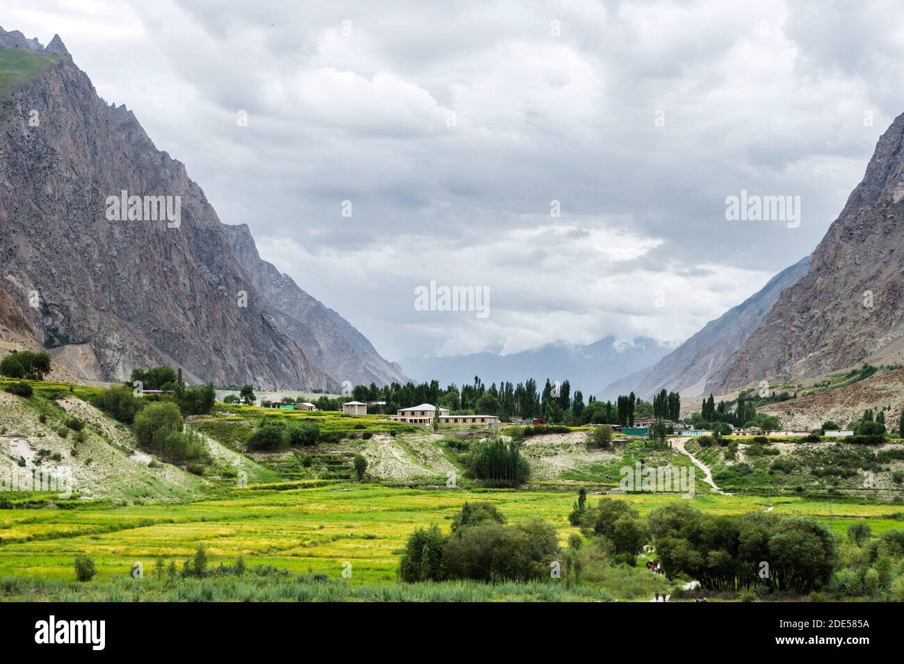 Hushe village, valley, at the end of Gondogoro La trek in Pakistan Stock Photo