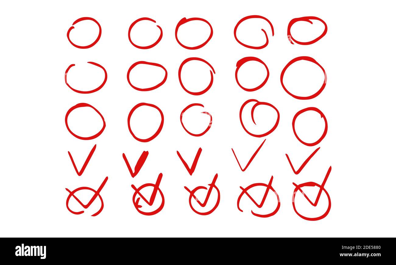Set of hand drawn highlight red circles and check mark icons ...