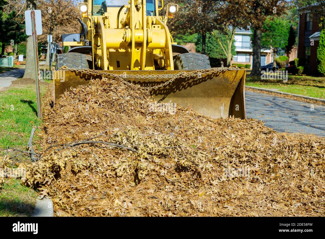 Cleaning in the fallen down fall of foliage leaves with a tractor in the city Stock Photo