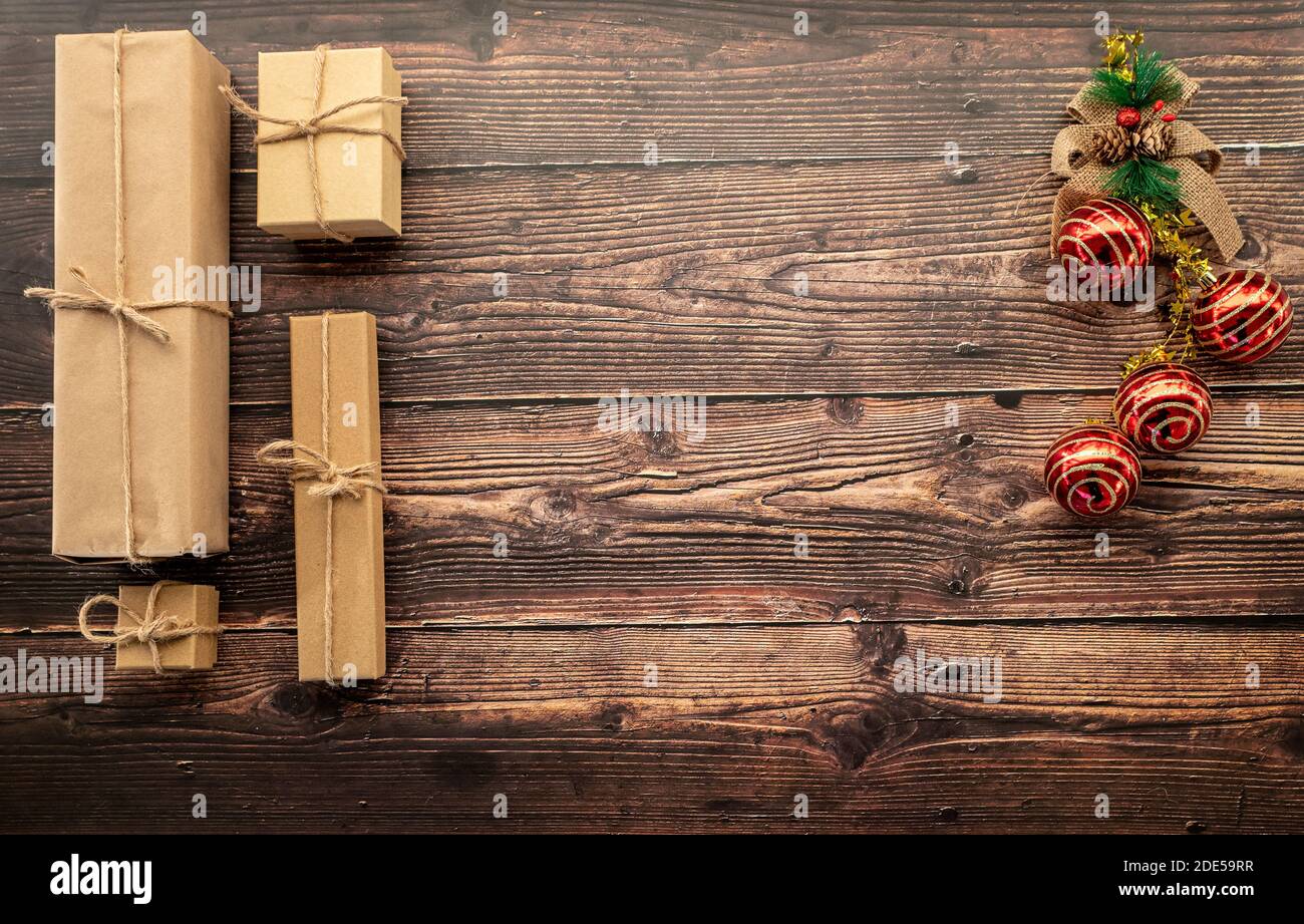 christmas gifts on a wooden background Stock Photo