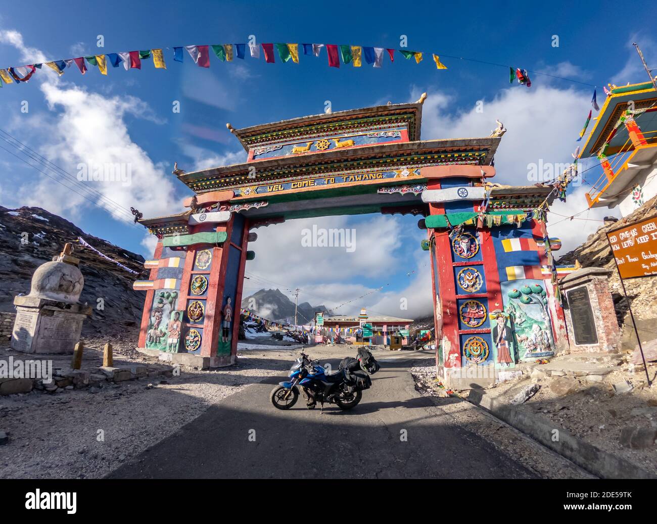 Biker at the gateway of tawang, arunachal india Stock Photo