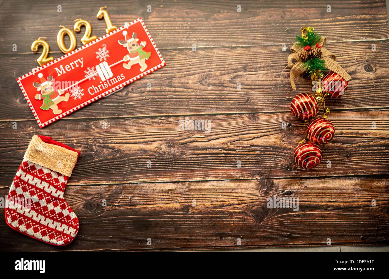 Wooden background with Christmas motifs Stock Photo
