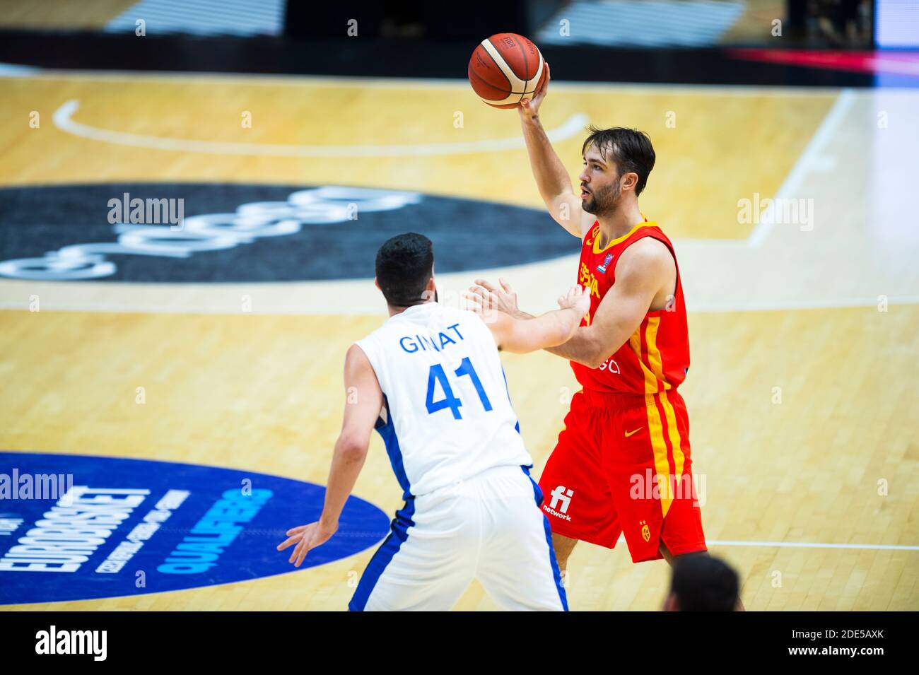 Nacho Llovet of Spain and Tomer Ginat of Israel in action during the FIBA EuroBasket 2022 Qualifiers match between Israel and Spain at Pavelló Municipal Font de San Lluís (Pabellón Fuente de San Luis).Final score; Israel 95:87 Spain. Stock Photo