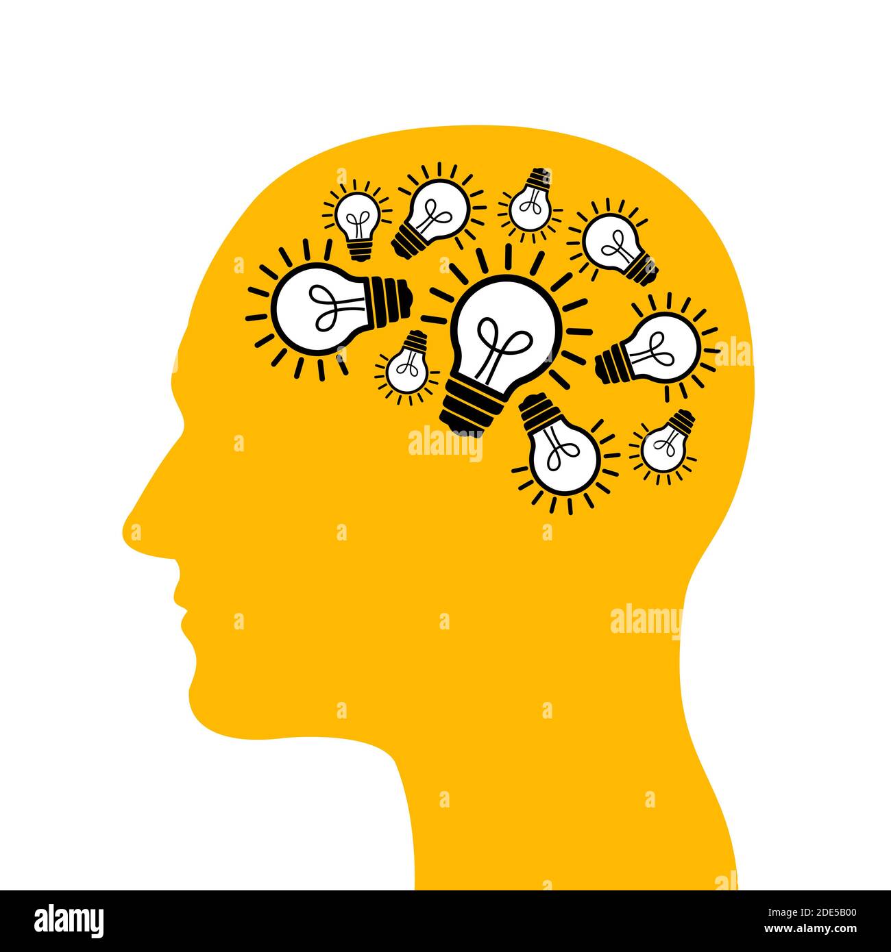 Man with bulb and lightbulb inside his head. Creative and innovative person with ideas, inspiration, imagination and progressive thinking. Vector illu Stock Photo