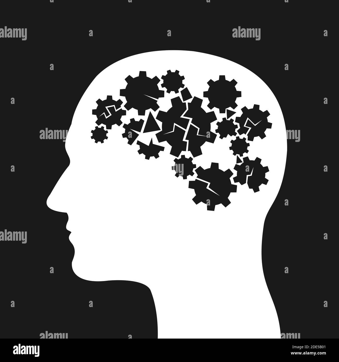 Head with broken cogwheels as damage of brain - mental disorder, disease and illness (alzheimer, personality disintegration, psychosis, psychopath, de Stock Photo