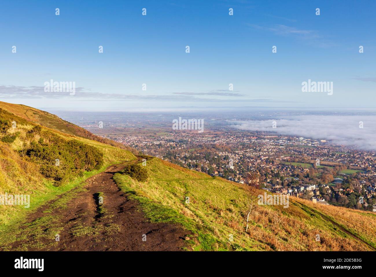 A view of North Hill and Great Malvern from the old Donkey trail leading to Worcestershire Beacon in the Malverns, Worcestershire, England Stock Photo