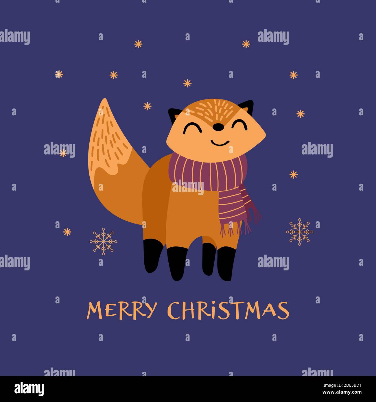 Christmas card with cute smiling fox in a warm scarf. Vector ...