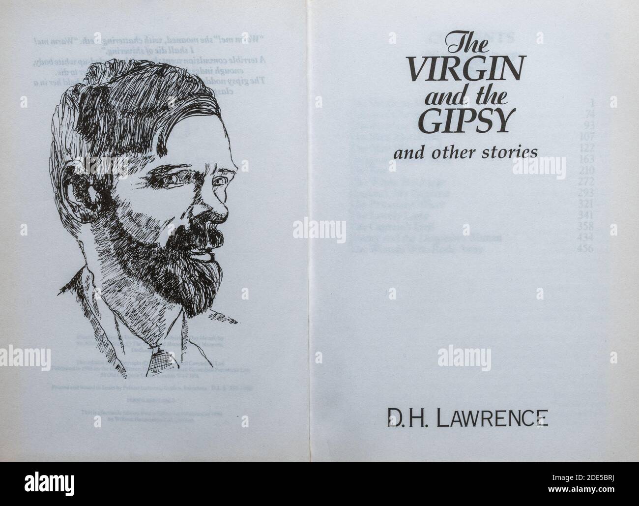 The Virgin and the Gipsy and other stories, book - novel by D. H. Lawrence. Title page and drawing of the author. Stock Photo
