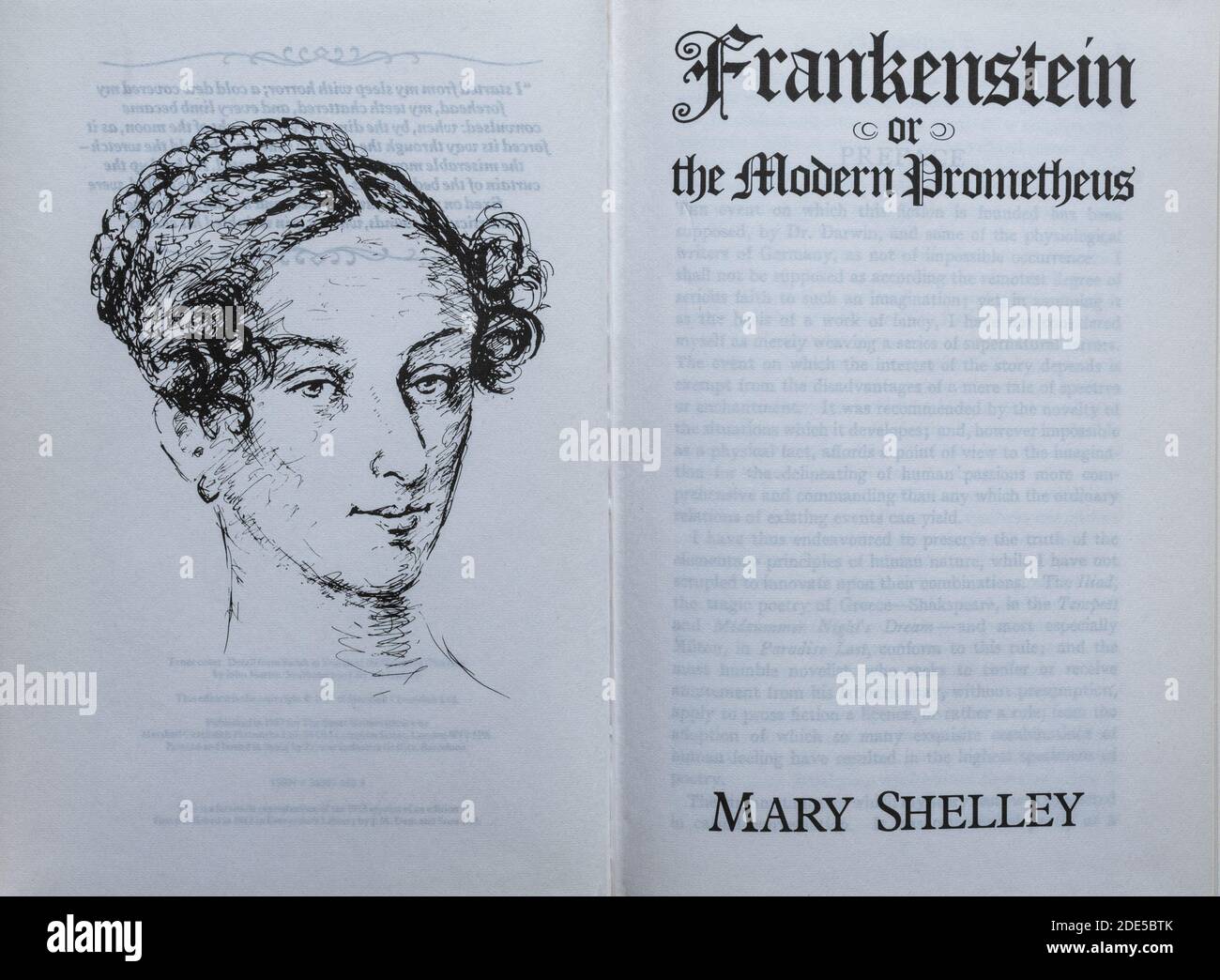 Frankenstein or the Modern Prometheus book - novel by Mary Shelley. Title page and drawing of the author. Stock Photo