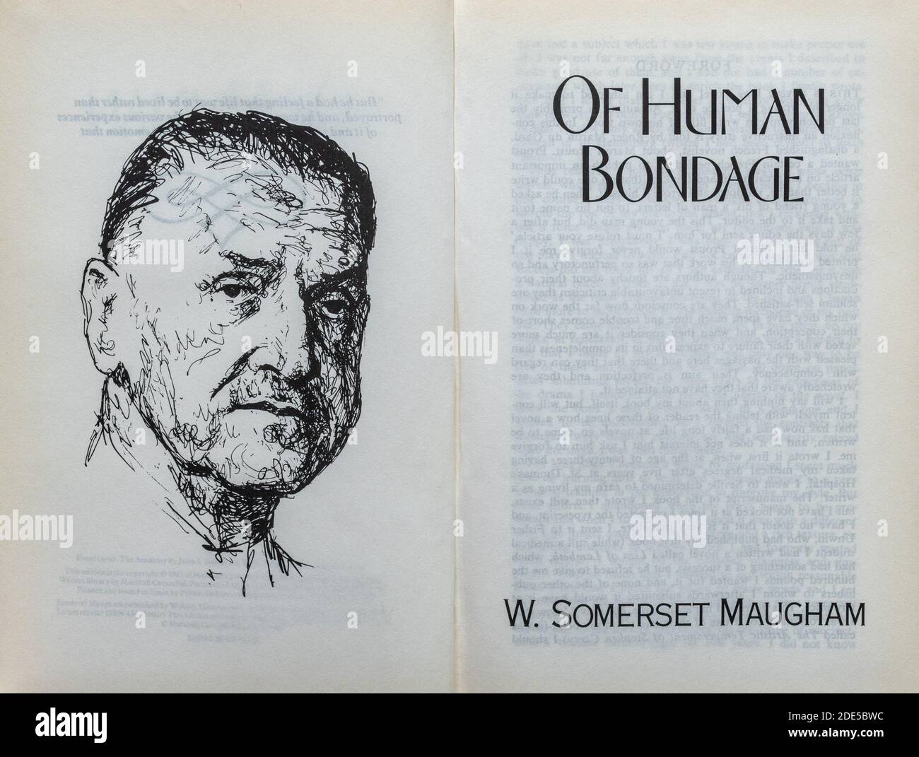 Of Human Bondage book - novel by W. Somerset Maugham. Title page and drawing of the author. Stock Photo