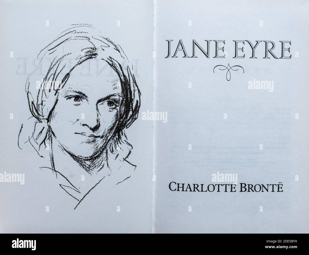 Jane Eyre book - novel by Charlotte Bronte. Title page and drawing of the author. Stock Photo