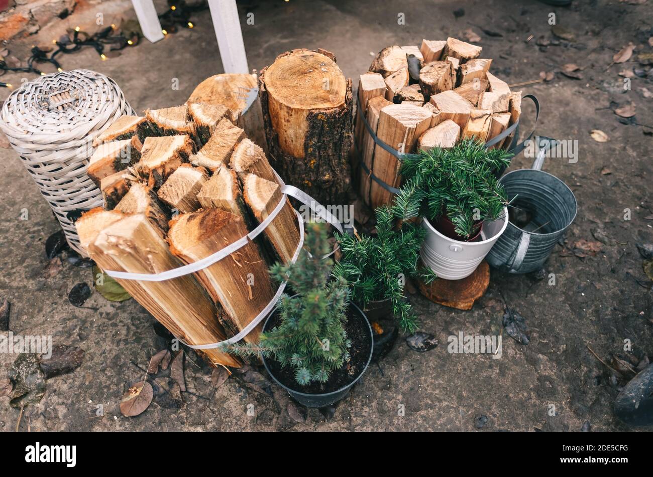 Firewood stack for Christmas fire on the backyard Stock Photo Alamy