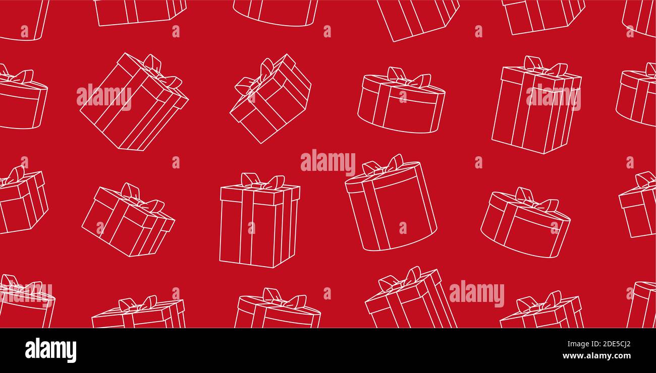 Seamless pattern with linear 3d gift boxes illustrations, red backdrop with white line Stock Vector
