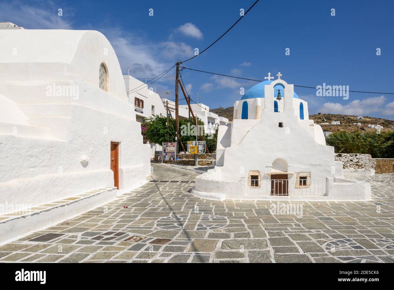 Ios Town Square Ios, Greece - September 20, 2020: Small Greek chapel at the main square ...