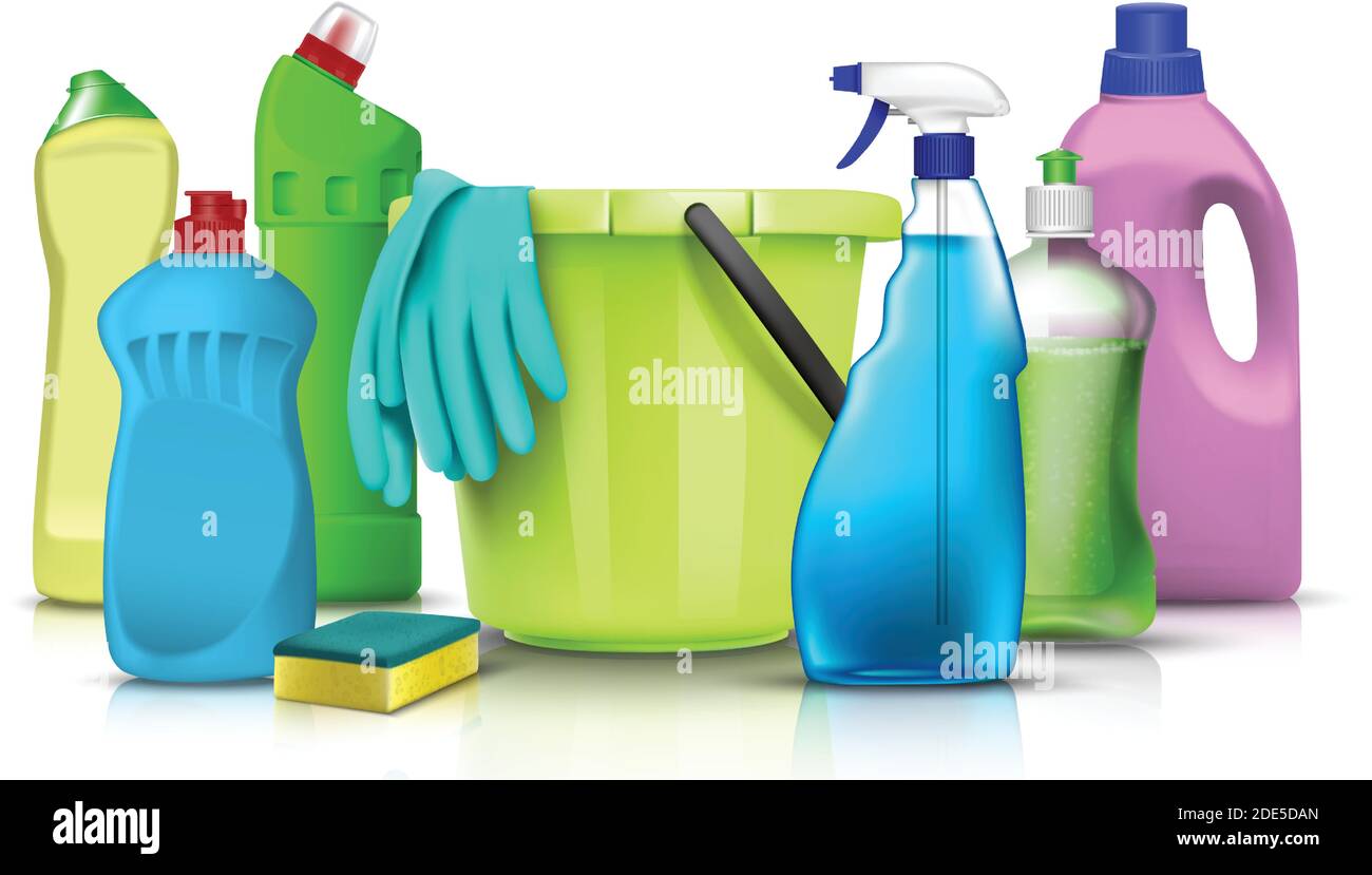 3d realistic vector household cleaning products and accessories collection of kitchen and house cleaning utensils and bottles with plastic bucket and Stock Vector