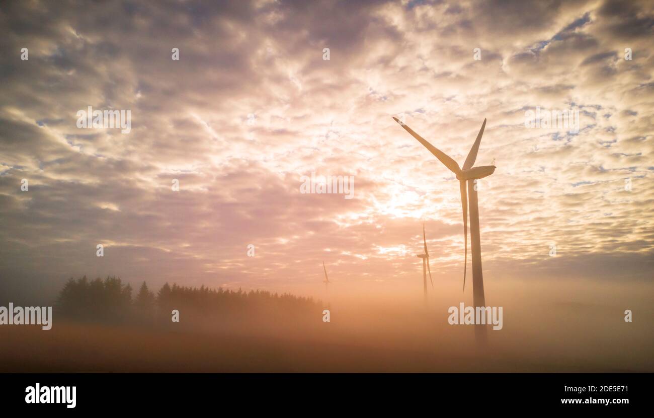 Longpark wind farm Stow, Scottish Borders, UK. 29th Nov, 2020. Weather, mist, cool morning. Wind turbines appear from the low lying mist at Longpark wind farm near Stow in the Scottish Borders, as the early morning sun burns away the mist. Credit: phil wilkinson/Alamy Live News Stock Photo