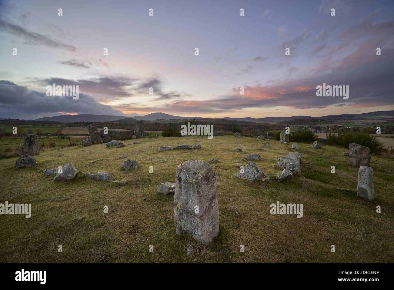 Tomnaverie Stone Circle, near Tarland, Aberdeenshire, Scotland.  At sunset. Stock Photo