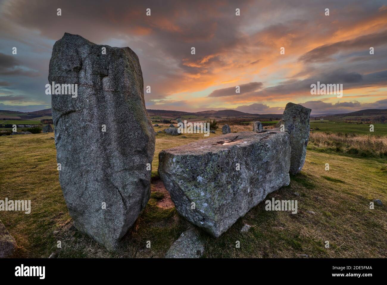 Tomnaverie Recumbent Stone Circle at sunrise, Tarland, Aberdeenshire, Scotland Stock Photo