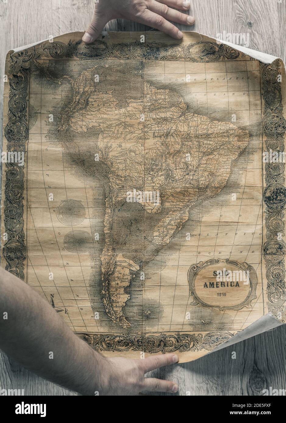 Old map of South America from 1859. The map shows the contemporary borders of the Countries. Stock Photo