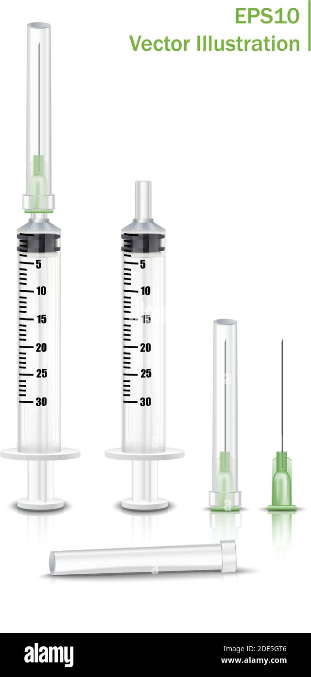3d realistic vector sample set for syringe, syringe with needle. Isolated icon illustration. Stock Vector