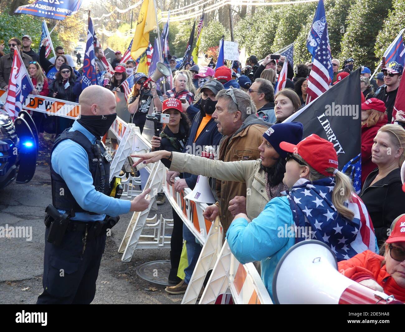 New Jersey, USA. 29th Nov, 2020. (NEW) Stop the Steal' Demonstrations Gather Steam in New Jersey. Nov 28, 2020. Red Bank, New Jersey, USA: Unwilling to accept life-without-Trump, disenfranchised Americans march on New Jersey's Governor Murphy House, harboring a die-hard conviction that the Nov 3 election and their American future was maliciously- stolen from them by the opposing 'other half' of a divided America. Credit: Julia Mineeva/Thenews2. Credit: Julia Mineeva/TheNEWS2/ZUMA Wire/Alamy Live News Stock Photo