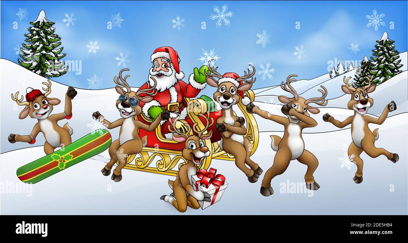 Christmas Fun Scene Santa Claus Sled and Reindeer Stock Vector