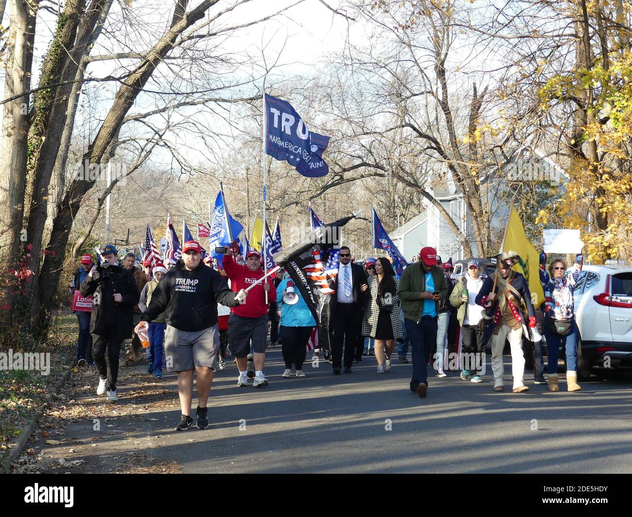 New Jersey, USA. 29th Nov, 2020. (NEW) Stop the Steal' Demonstrations Gather Steam in New Jersey. Nov 28, 2020. Red Bank, New Jersey, USA: Unwilling to accept life-without-Trump, disenfranchised Americans march on New Jersey's Governor Murphy House, harboring a die-hard conviction that the Nov 3 election and their American future was maliciously- stolen from them by the opposing 'other half' of a divided America. Credit: Julia Mineeva/Thenews2. Credit: Julia Mineeva/TheNEWS2/ZUMA Wire/Alamy Live News Stock Photo