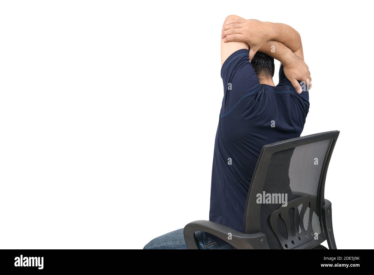Back side of man stretching arm to relax muscle of shoulder blades