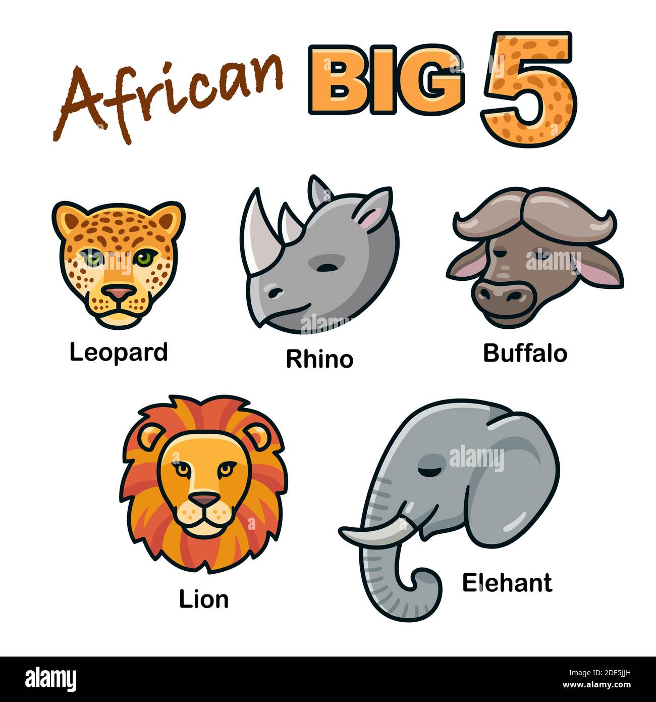 African Big Five animal heads cartoon set. Lion, Leopard, Elephant, Rhino and Buffalo. Isolated vector clip art illustration. Stock Vector