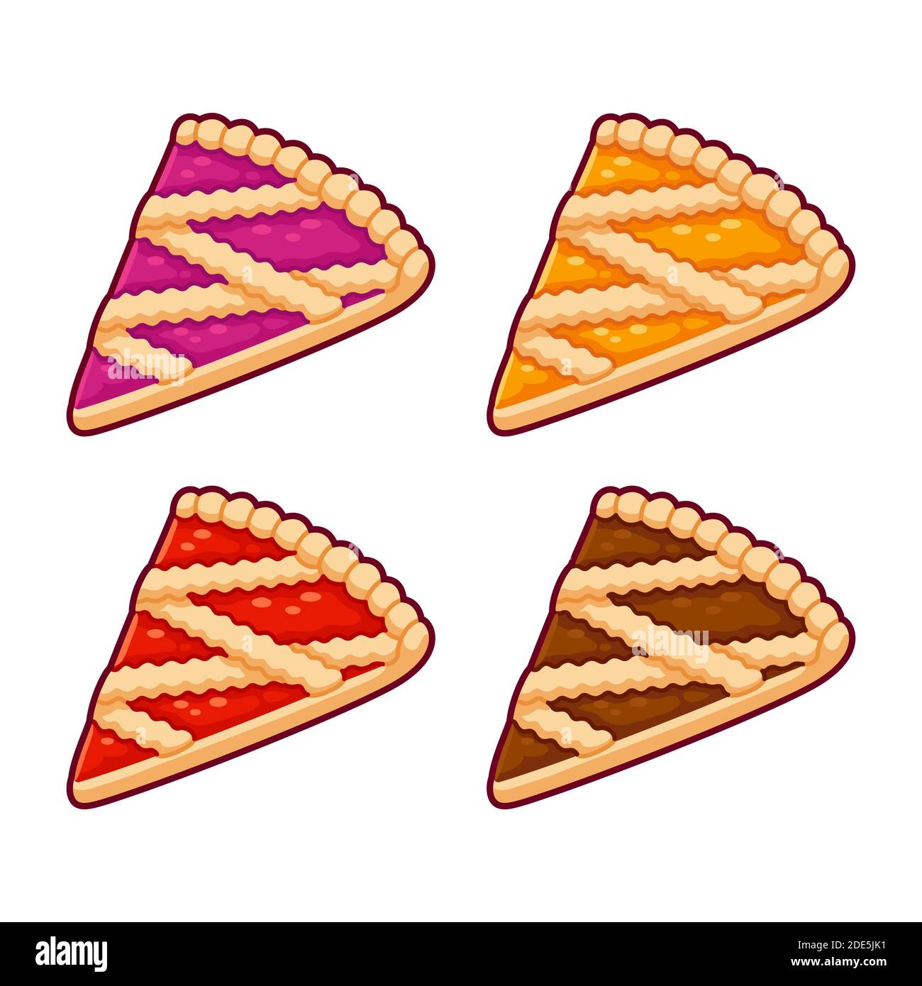 Fruit tart with lattice crust set. Berry, apricot, cherry and chocolate (crostata al cioccolato in Italian) Pie slice vector clip art illustration. Stock Vector
