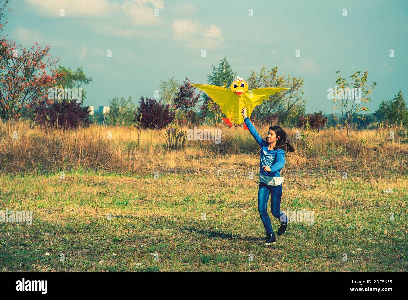 Teenage girl flying a yellow kite. Beautiful young girl kite fly. Happy little girl running with kite in hands on the beautiful field. toned Stock Photo