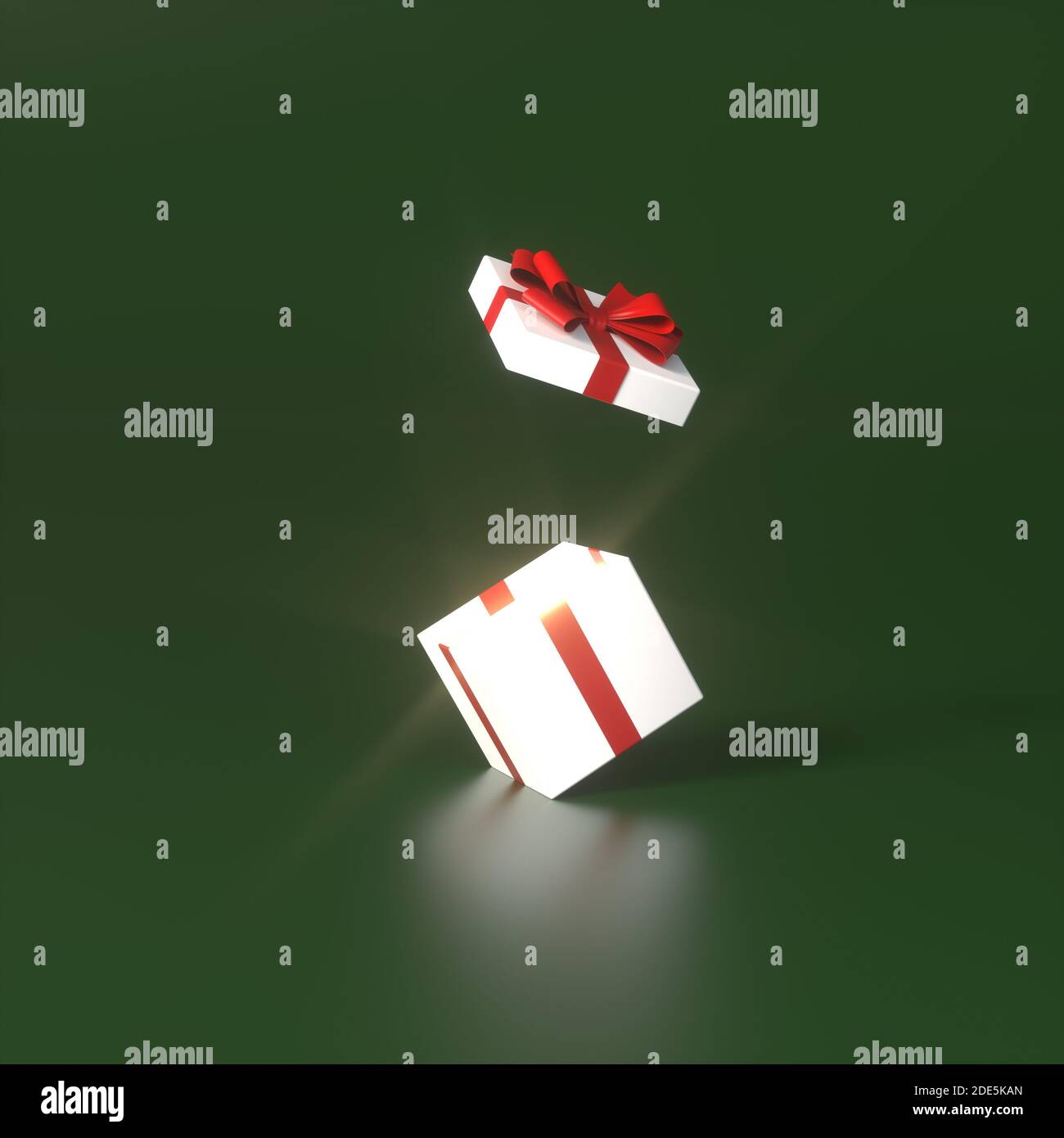 Blank open white gift box or present box with red ribbon bow with ray ...