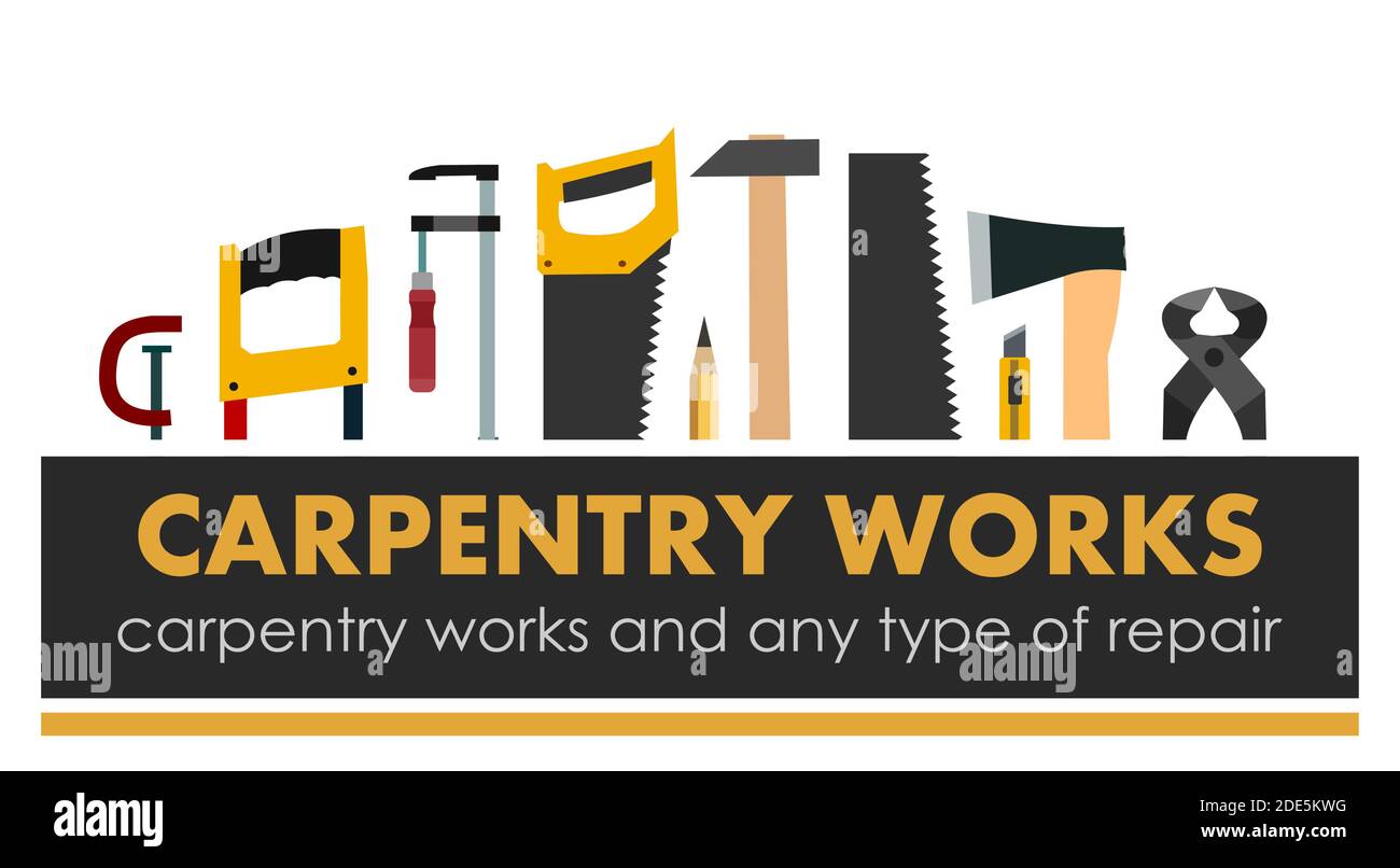 Carpentry works. Any type of repair. Logo of handyman services. Carpenter. Hand tools of universal workshop. Home repair service. Woodworking Stock Vector