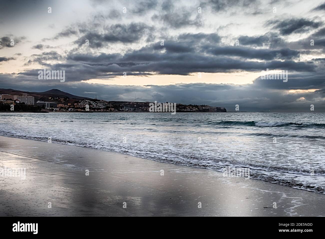View of Beach in Playa del Ingles, Maspalomas, Gran Canaria, Spain. HDR. Stock Photo