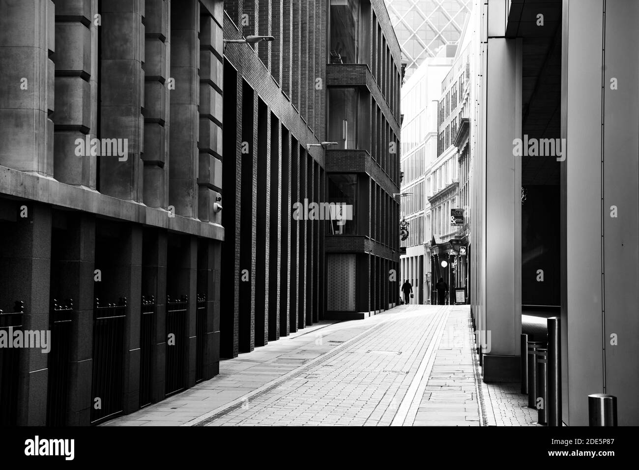 Black and white quiet, empty streets of London in England during Coronavirus Covid-19 lockdown, showing impact of global pandemic in UK, Europe Stock Photo